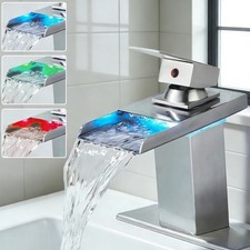 Brushed LED Bathroom Sink Faucet Single Hole Waterfall Spout Basin Vanity Faucet