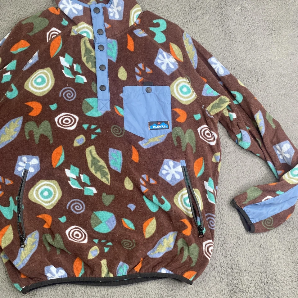Kavu Pullover Mens Medium Brown Fleece Abstract Leaf Pattern Snap Outdoor Jacket - Image 3 of 4