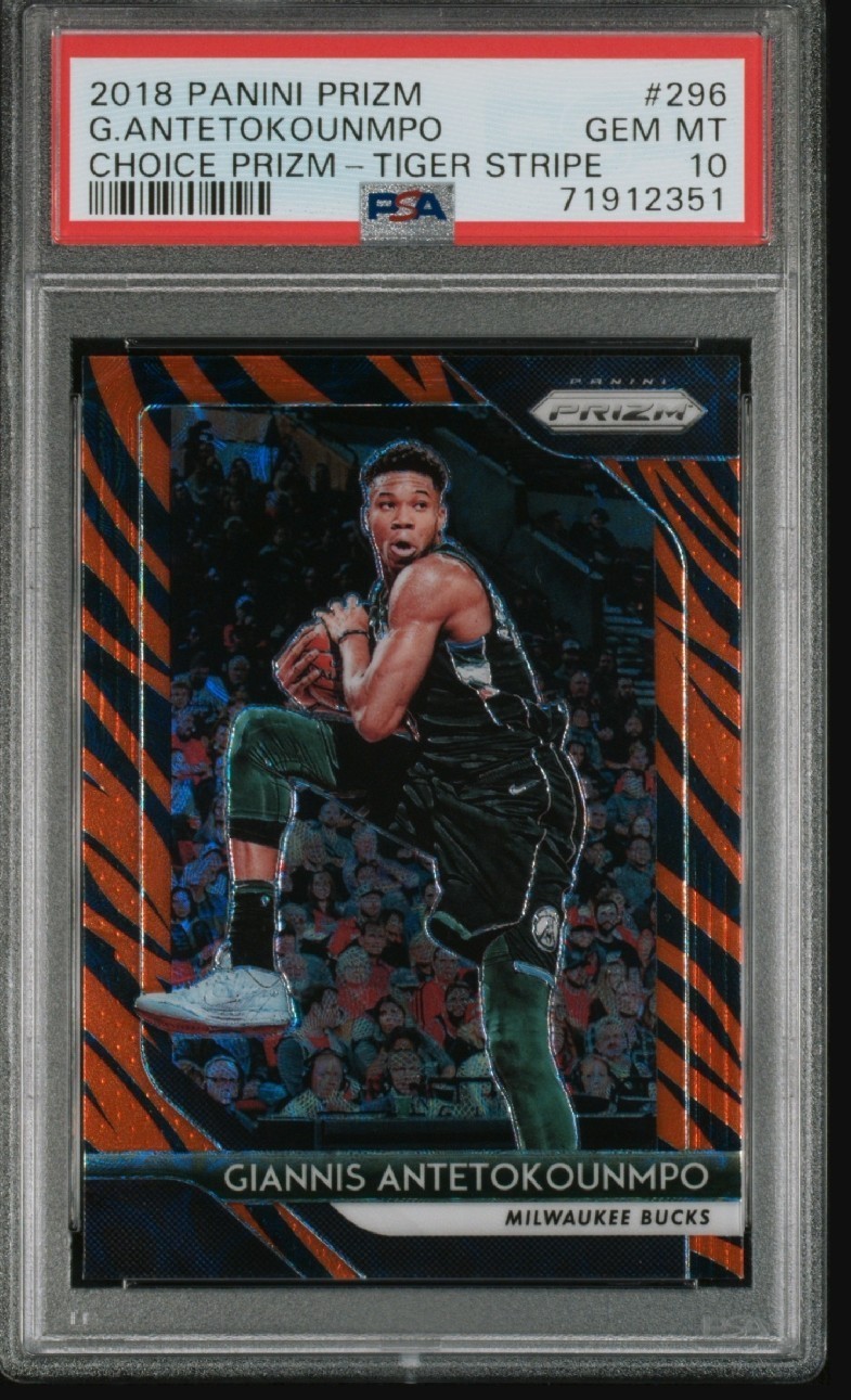 2018 Panini Prizm - Giannis Antetokounmpo #296 Choice Tiger Stripes Prizm PSA 10 view 2
