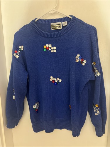 Vintage Damen Anytime Glitzer Blau Pullover Schmuck Strass Bling Gr. M Baumwolle