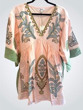 Blue Velvet Cotton/Linen Blend Embroidered Mini Dress in Salmon/Sage Size M/L