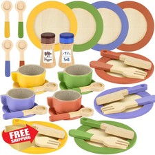 Wooden Play Dishes Plates Cups Toddler Kids Kitchen Toy Set 3