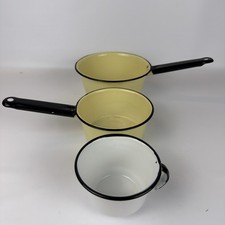 Vintage Enamel Camping Nesting Cookware Set Yellow Black Handles 3pc Outdoor