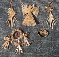 Vtg Scandinavian Woven Straw Christmas Ornaments Angel Cross Heart Folk Art