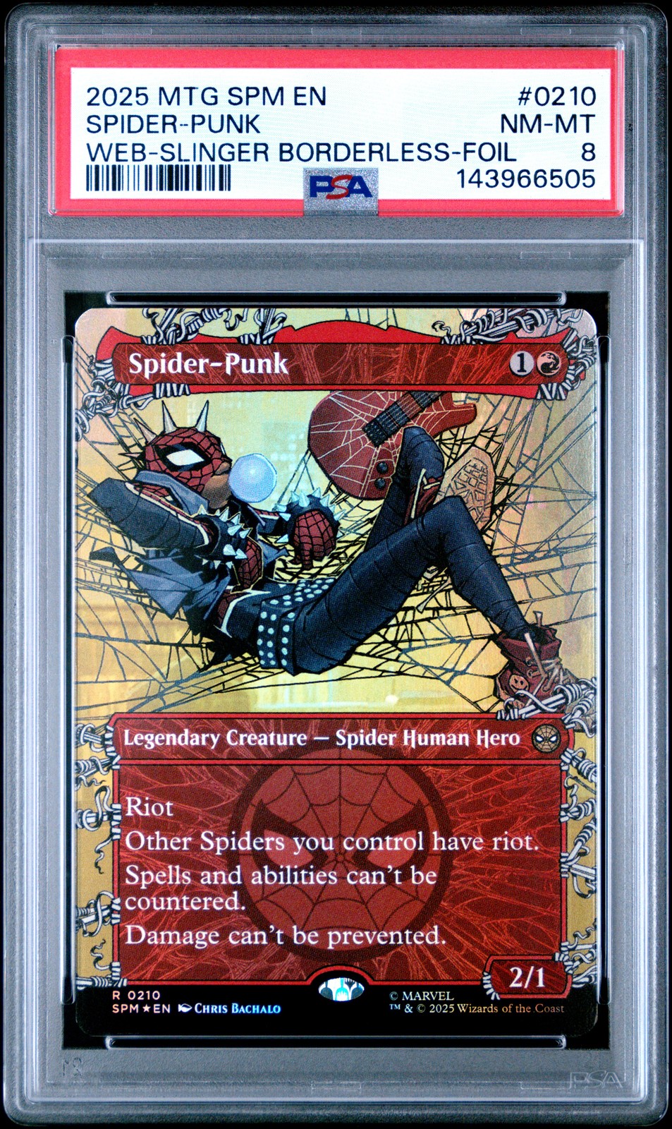 2025 MTG MARVEL'S SPIDER-MAN WEB-SLINGER BORDERLESS-FOIL #0210 SPIDER-PUNK PSA 8