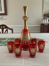 Vintage Bohemian Crystal 6 Set Ruby Red Glasses & Decanter