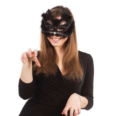 Schwarze transparente Katzenmaske am Stirnband Makerade Ball Kostüm Accessoire