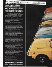 Original 1975 Honda Civic two page vintage print ad:  "Honda Civic presents five