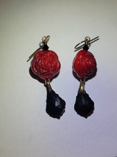 Carved Red Rose Black Faceted Crystal Drop Ea...