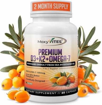 Moxyvites Vitamin D3 K2 Omega MK-7 - 5000 IU w/ Sea Buckthorn Oil | 2 Mos Supply