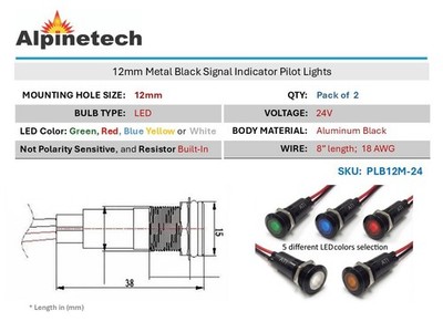 Alpinetech 2PCS PLB12M  12mm 24V LED Metal Indicator Pilot Light Black Bezel