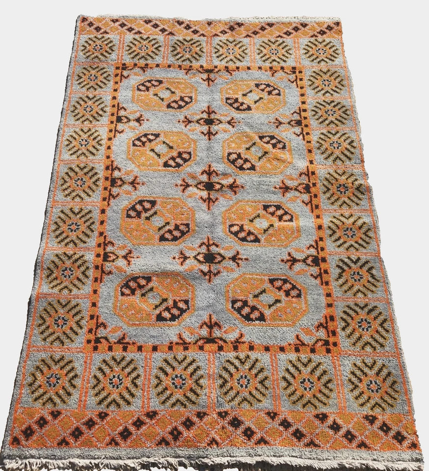 ALFOMBRA DE LANA AZUL APAGADA TRIBAL TURCO CAUCÁSICO TEJIDO A MANO ANTIGUA 4'X6' Foto 4 de 4