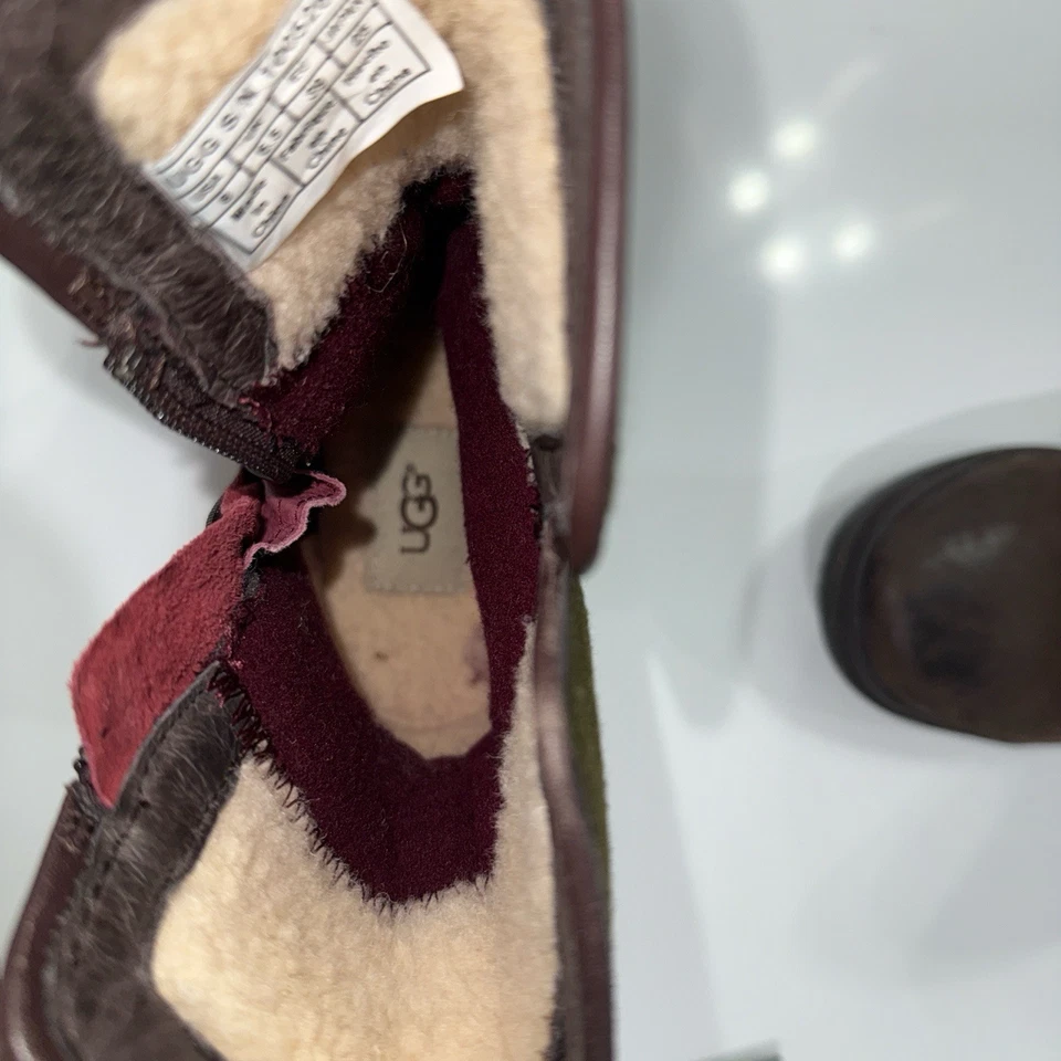 UGG Simmens Mujer Talla 8 Marrón Cuero Bota Verde Oliva Lana Cremallera Foto 2 de 4