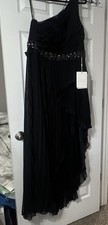 Mac Duggal Size 8 Black Chiffon One-Shoulder Pleated Beaded Long Gown