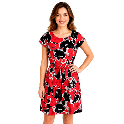 Talbots Silk Dress Size 10 Red Black White Abstract Floral Cap Sleeve Belt Lined