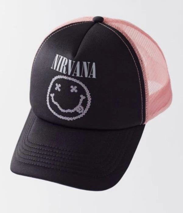 Urban Outfitters Nirvana Trucker Hat SMILEY FACE Pink Black NWOT