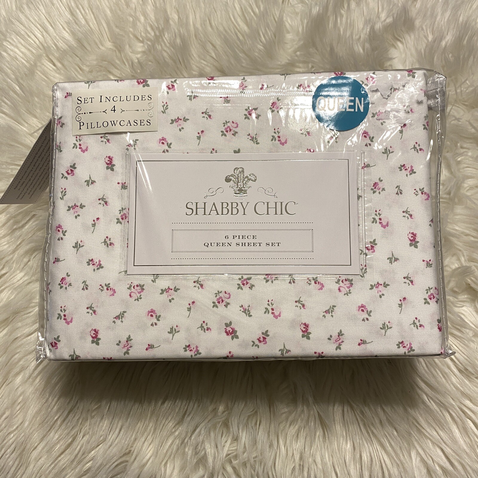 Rachel Ashwell Shabby Chic Sheet Set Queen White Pink Rosebud Floral