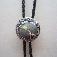 Silver Plated Labradorite Stone Moon Wolf Western Rodeo Bolo Tie