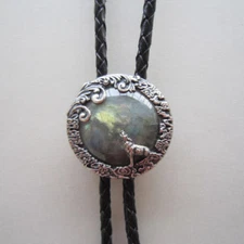 Silver Plated Labradorite Stone Moon Wolf Western Rodeo Bolo Tie