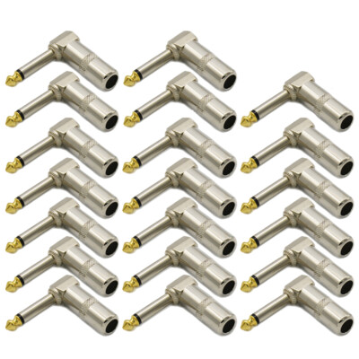 20PCS 1/4'' Right Angle Mono Plug Audio Cable Connector 6.35mm Jack Gold Plated