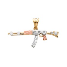 GOLD -14K Tri Color Cubic Zirconia CZ Rifle Gun Charm Pendant For Necklace Chain