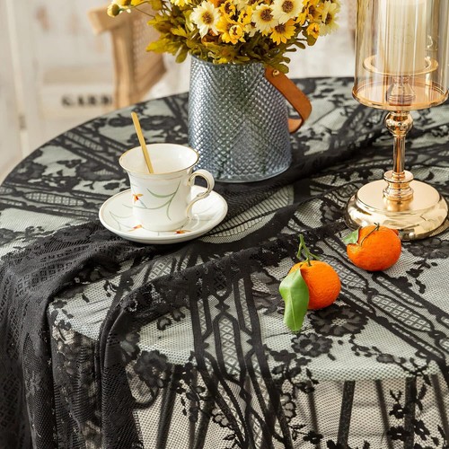 59inch Black Vintage Embroidered Lace Flower Tablecloth Doily Round Table Topper - Picture 6 of 6