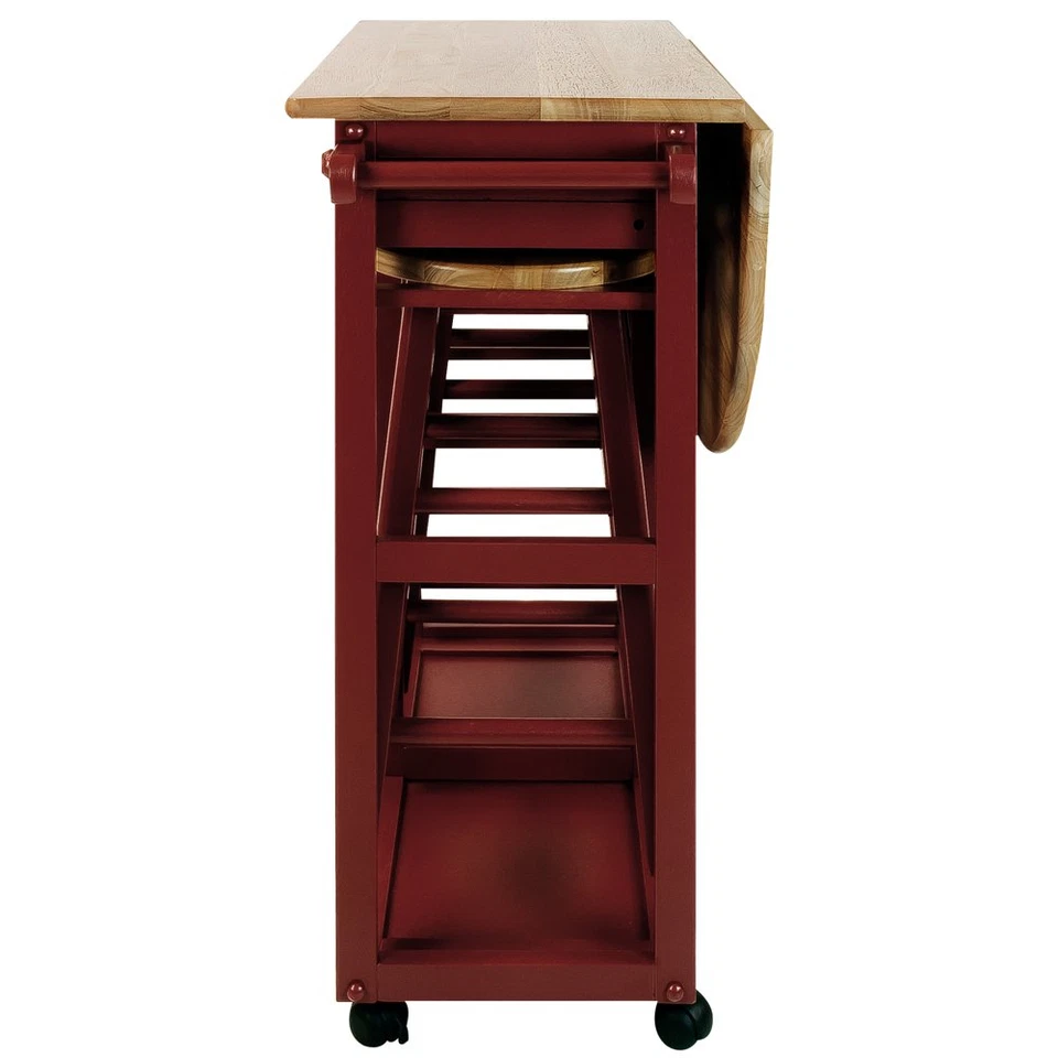 Kitchen Island Breakfast Cart with Drop Leaf Table Rolling Solid Hardwood Red - Image 4 of 4