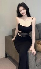 Women's New Fashion Sexy Backless sling lace Splicing high waist slit long dress