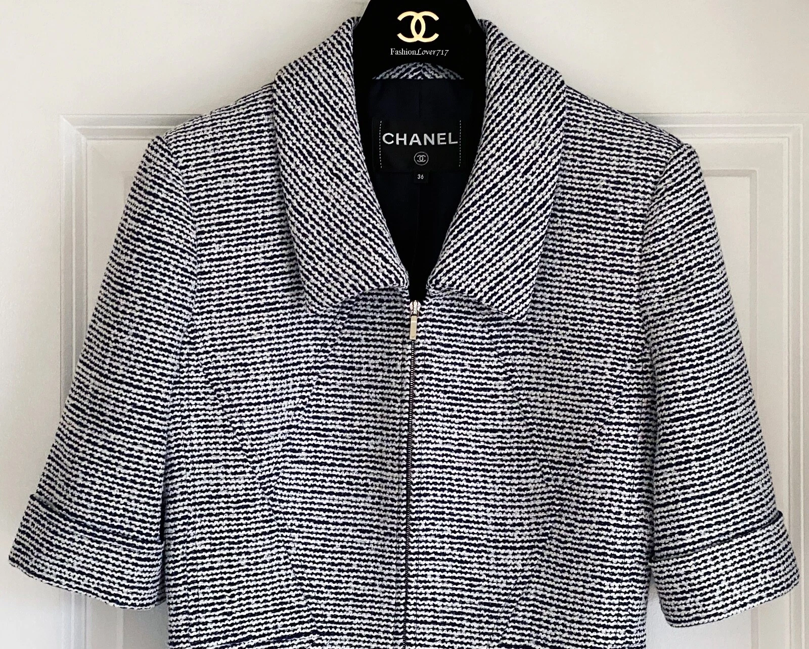$5250 GIACCA CHANEL 19P BLU NAVY ECRU TWEED NERO CC BOTTONI MANICA CORTA 36