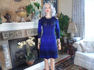 M Missoni Navy Blue/Light Blue Zig Zag Knit Cold Shoulder Sheath Dress Size 40-4