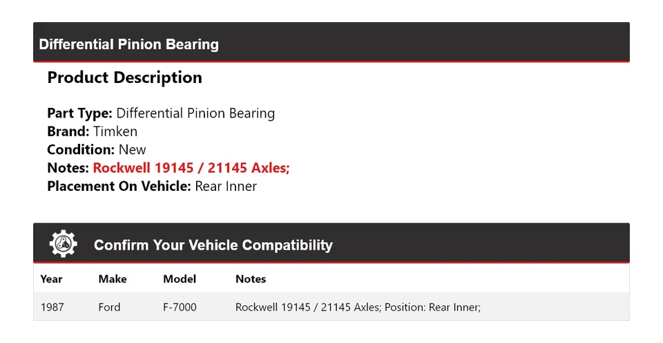 Cojinete de piñón diferencial trasero Timken para Ford F-7000 1987 Foto 2 de 4