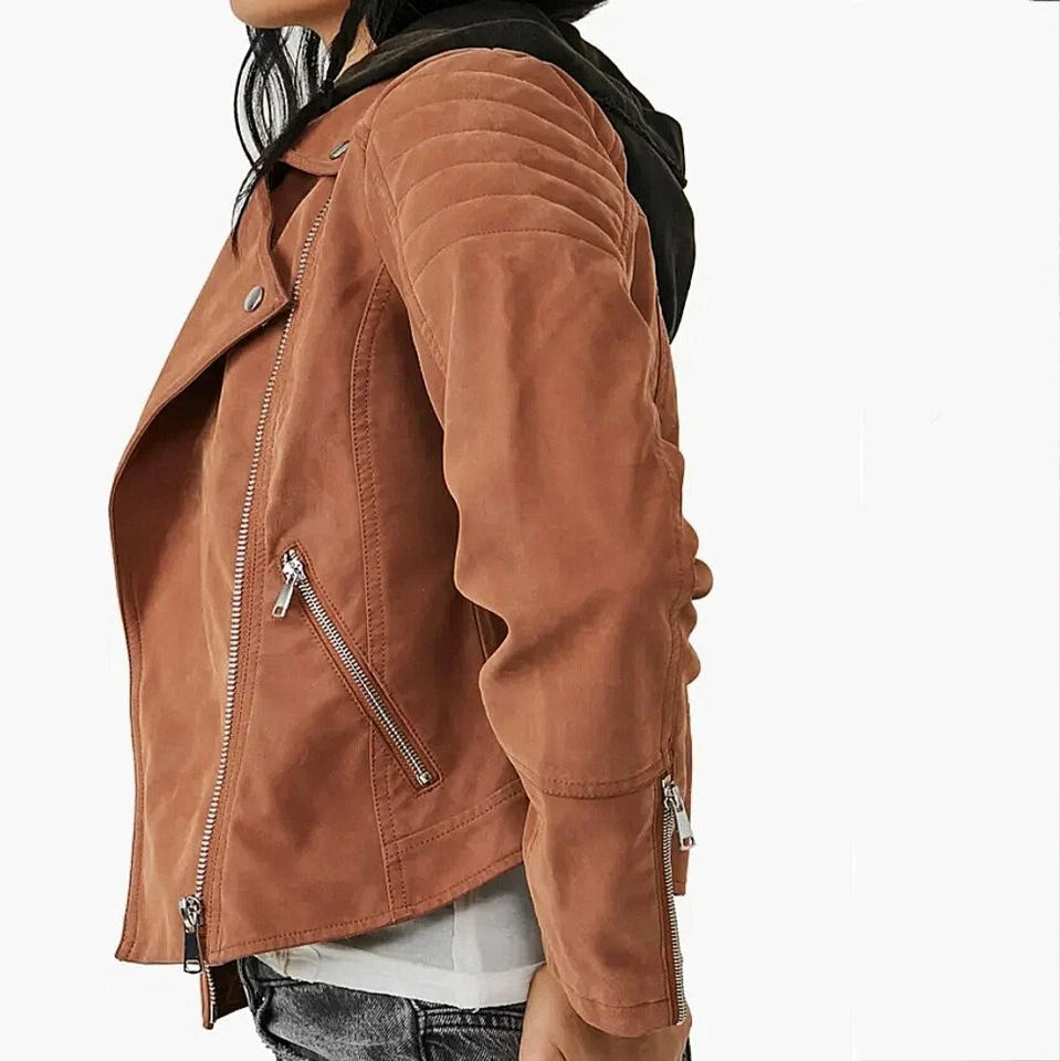 NWT $198 Free People Lg Harriet Hooded Vegan Leather Moto Jacket Chocolate - Image 4 of 4