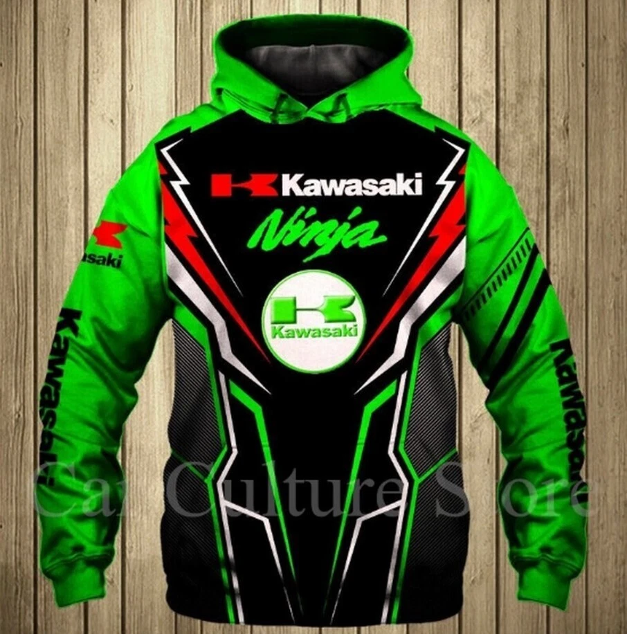 Kawasaki Hoodie 3D F1 Teem Motobike All Over Printed For Gift Full Size Green