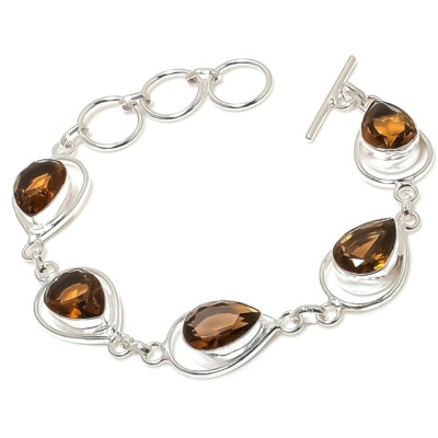 Smoky Quartz Gemstone Handmade 925 Sterling Silver Jewelry Bracelet Sz 7-8''