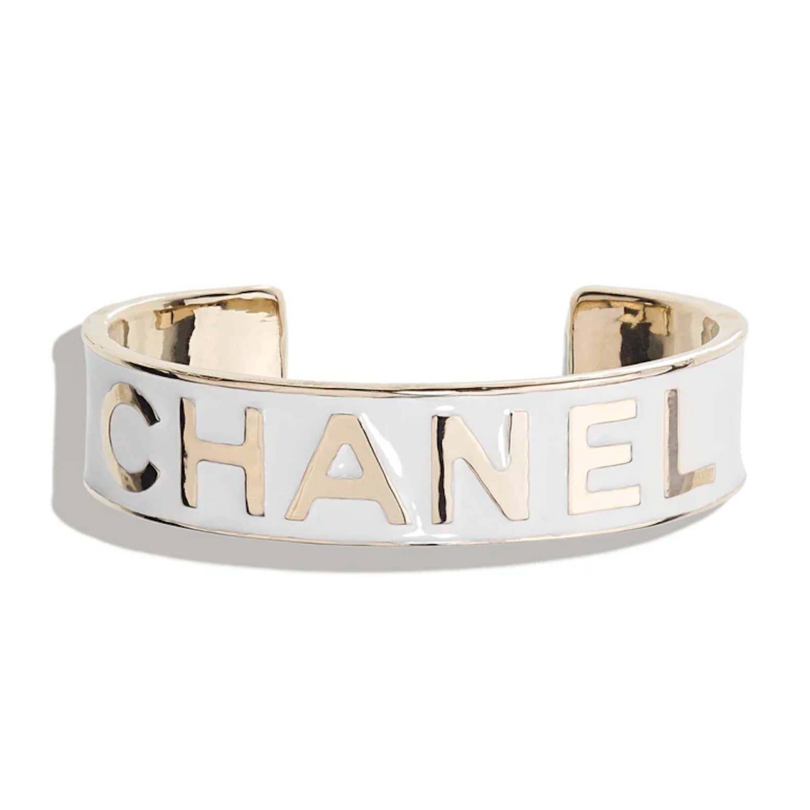 Chanel 22S Gold White Enamel Metal Interlocking CC Logo Arm Cuff Bracelet  Small