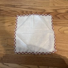Vintage White Linen Hankerchief with Variegated Red  White Lace Tatted Edge