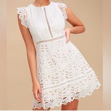 BB Dakota Lace Mini Dress Eyelet Cottagecore Flutter Sleeve Womens 2 White