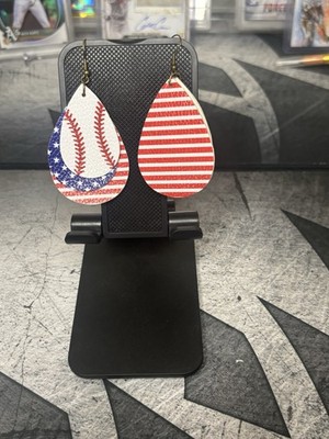 Teardrop Dangle/Drop Hook Earrings Baseball Stitch USA Flag Faux Leather