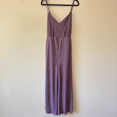 Lulus Jumpsuit Womens S Dusty Purple Get the Groove Crinkled Tie-Back Wide-Leg