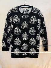 LOFT Black White Floral Knit Crewneck Pullover Wool Sweater Size S
