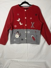 Chistmas Cardigan Vintage Croft/Barrow Fleece Red/Gray Snowman Medium EUC