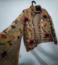Floral Embroidered Jacket, Beige with Red Folk Art Pattern, Quilted Jacket