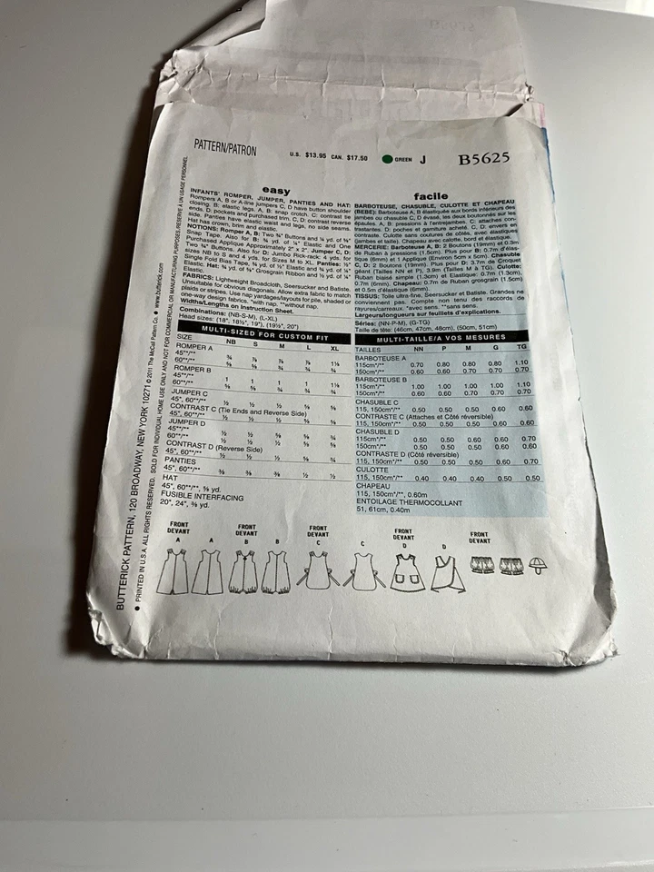 Butterick B5625 Infants Romper Jumper Panties Hat Sewing Pattern Uncut L-XL - Image 4 of 4