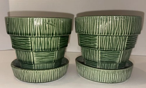 Lot Of 2 Vintage McCoy Green Basketweave Planter with Saucer Flower Pots 1950’s