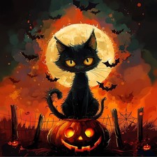 Black Cat 5D Diamond Painting Kit for Adults Halloween DIY Crafts 14x14 Inch