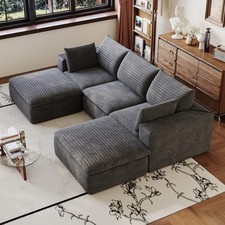 102" Boneless Couch Cloud Sofa Sectional Sofa U-Shape Corduroy Couch w/2 Ottoman
