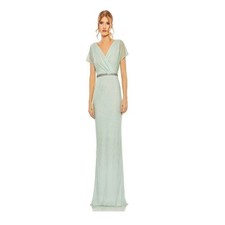 Mac Duggal 93994 Sage Green Beaded Lattice Gown Rhinestone Waist Dress 12 NEW