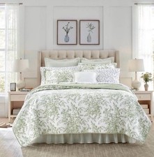 Laura Ashley TWIN Bedford Quilt Sham Set Green Floral 2 Pc Reversible