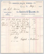 1894 Griffith & Williams Carraige Builders Ogontz Coach Works Ogontz PA Billhead