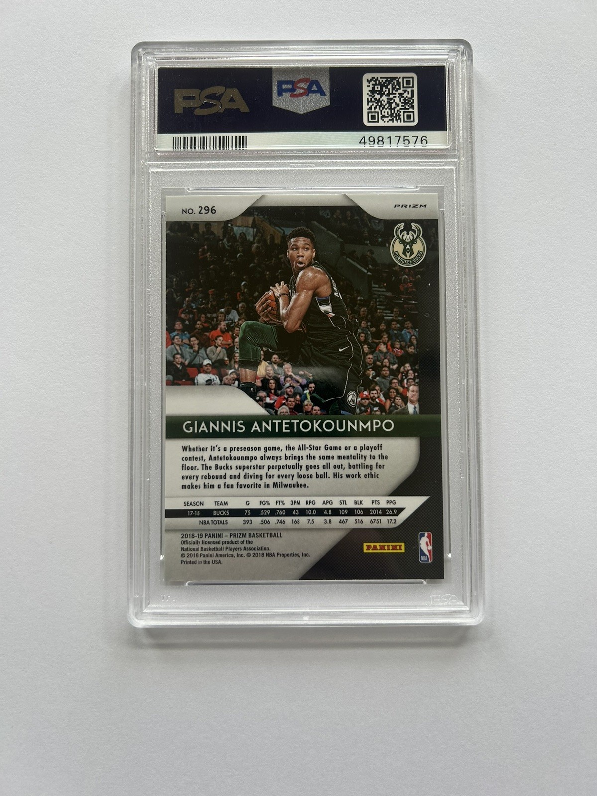 2018-19 Panini Prizm - Giannis Antetokounmpo #296 Silver Prizm PSA 10 view 2